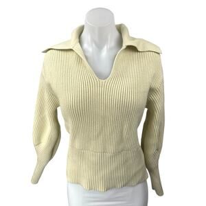 NA-KD Women's Yellow Ribbed Knit Collared Balloon Long Sleeve Sweater Top Size S